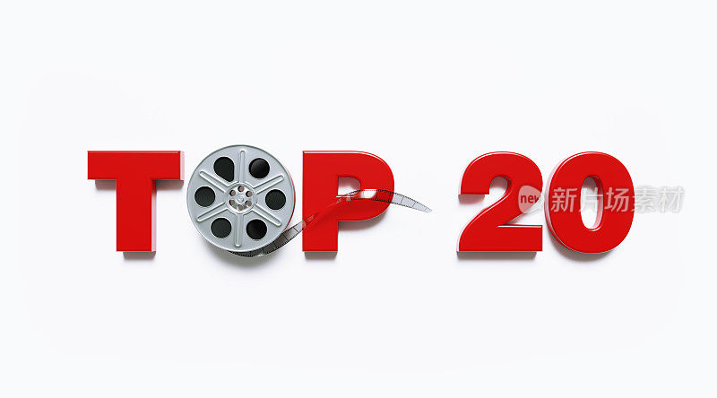 top20概念-电影卷轴坐在红色Top 20单词在白色背景